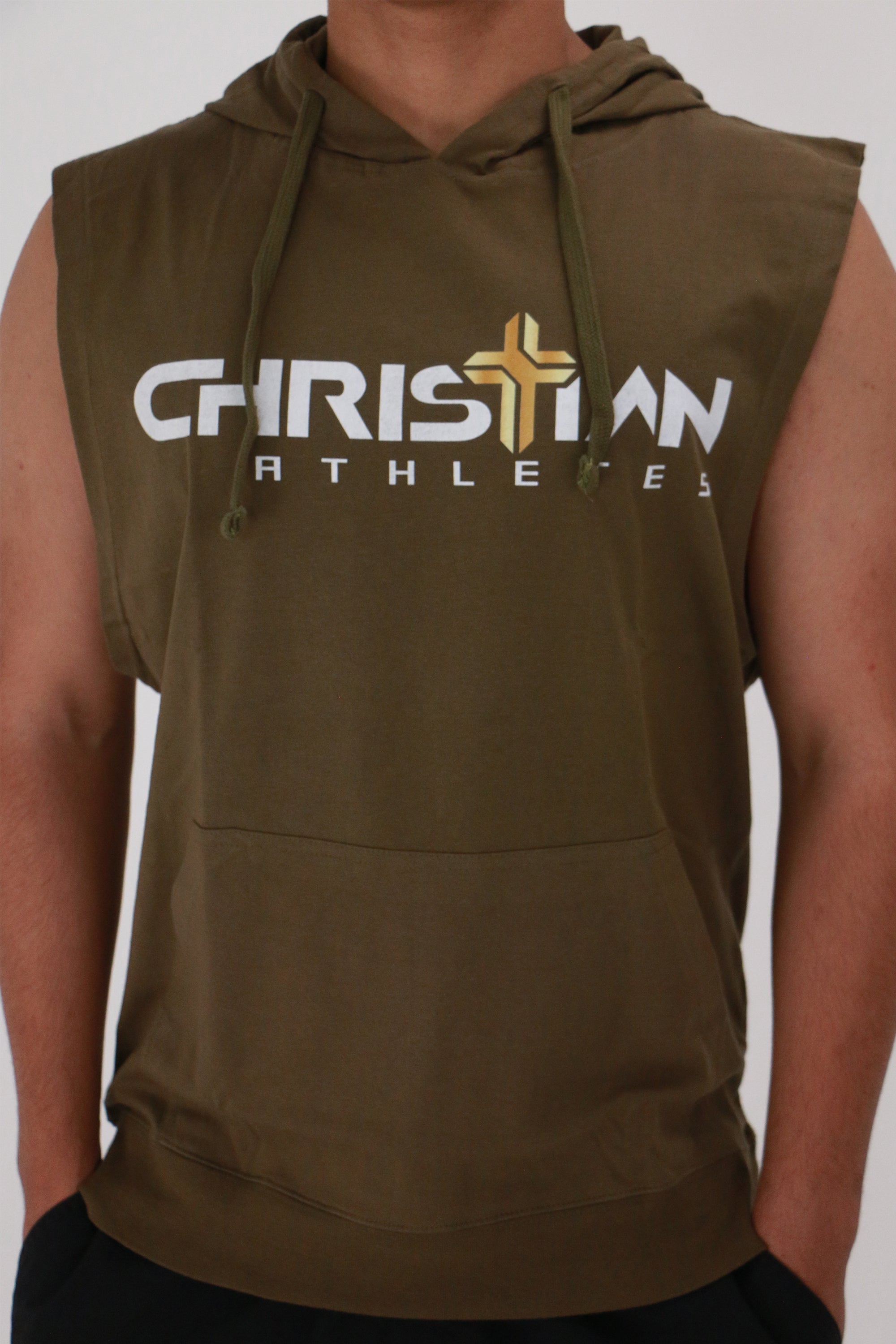 Image of Men's Christian Athletes Logo Sleeveless Hoodie Army Green